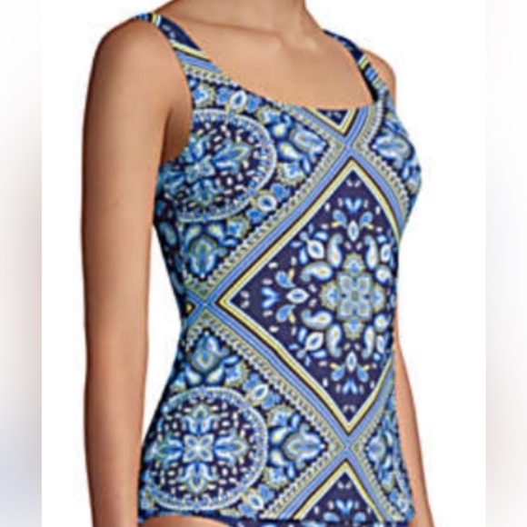 LANDS' END navy blue paisley square neck underwire tankini swim top size 12 NWT - Picture 2 of 5